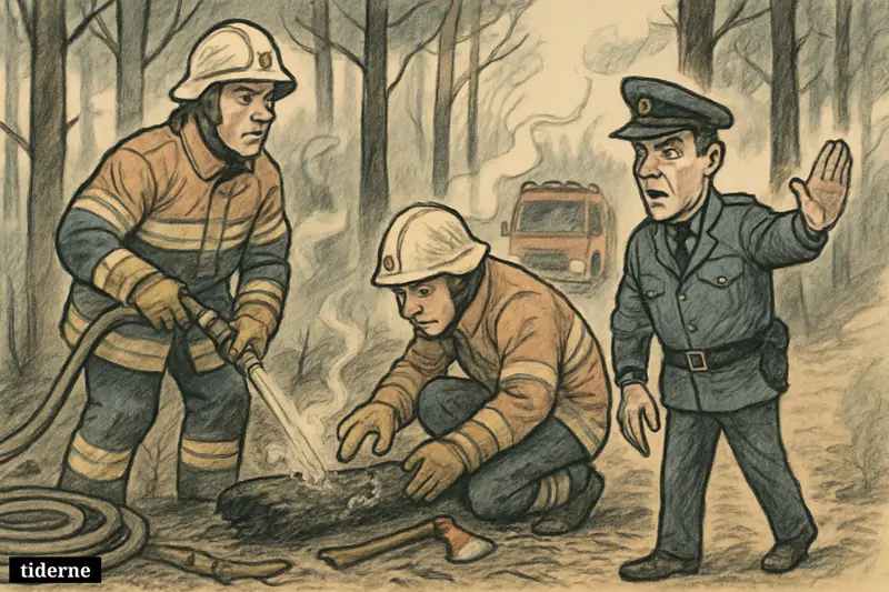 Firefighters douse smoldering forest ground while a police officer blocks access on a charred woodland trail after a wildfire.