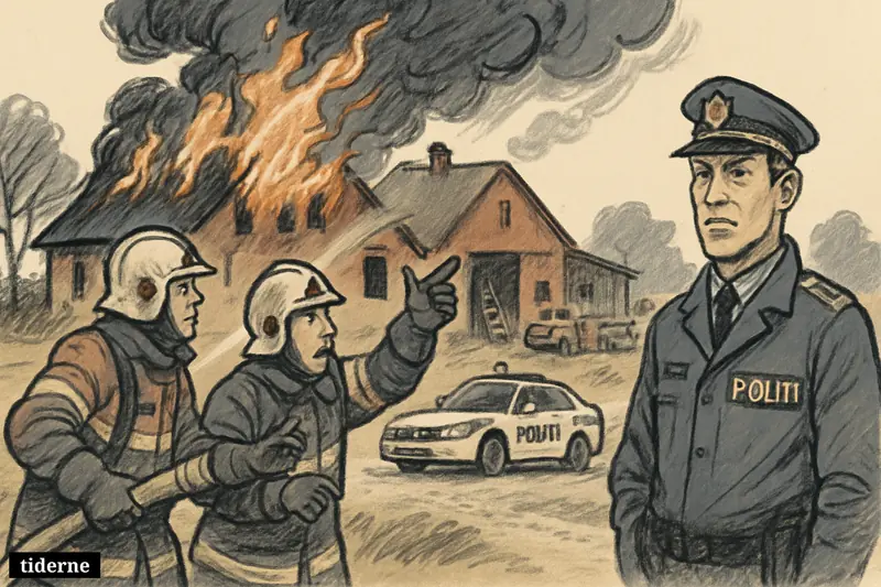Firefighters battle a farmhouse blaze as a police officer and emergency vehicles stand by in a rural yard north of Odder.
