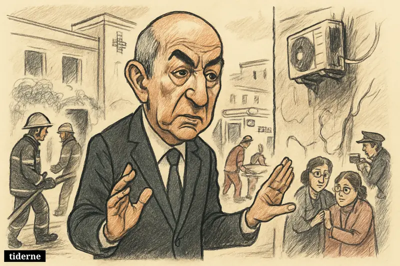 Caricature of Algeria’s president outside a burned orphanage as firefighters, medics, and police respond to a deadly blaze. (AI-genereret illustration)