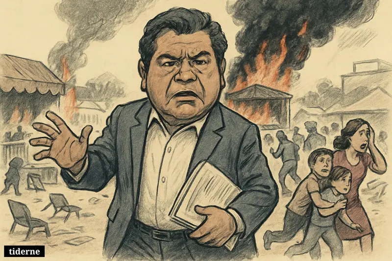 Caricature of Tabasco governor Javier May at a blazing fairground concert as crowds flee smoke and emergency responders rush in.