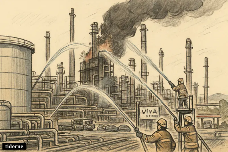 A refinery fire scene with firefighters, fuel tanks, tanker trucks, and waiting cars, showing pressure on Australia’s petrol supply.