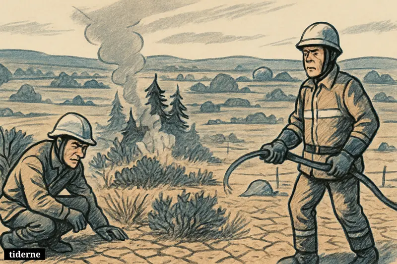 Dry Danish countryside with brittle grass, smoky brush, weather instruments, and firefighters watching over a landscape at high wildfire risk.