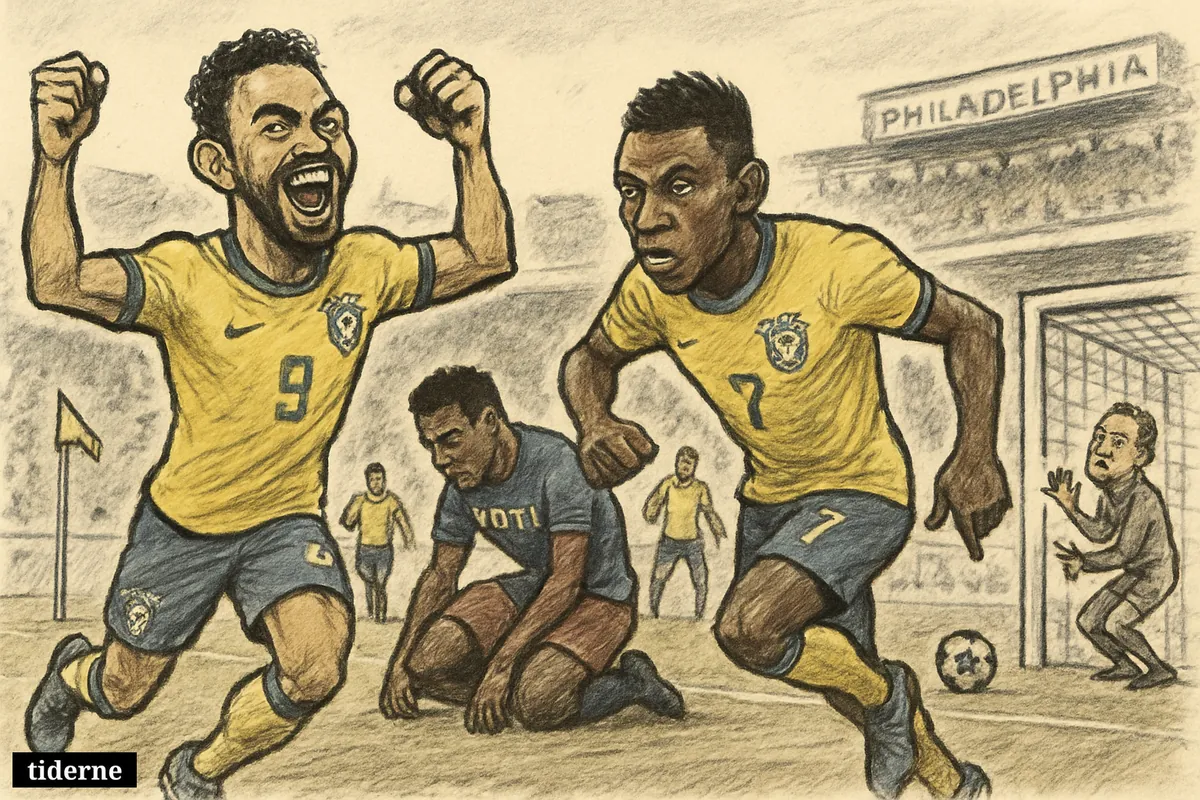 Two Brazilian football caricature stars celebrate by the goal as a disappointed Haiti player kneels during a decisive World Cup match.