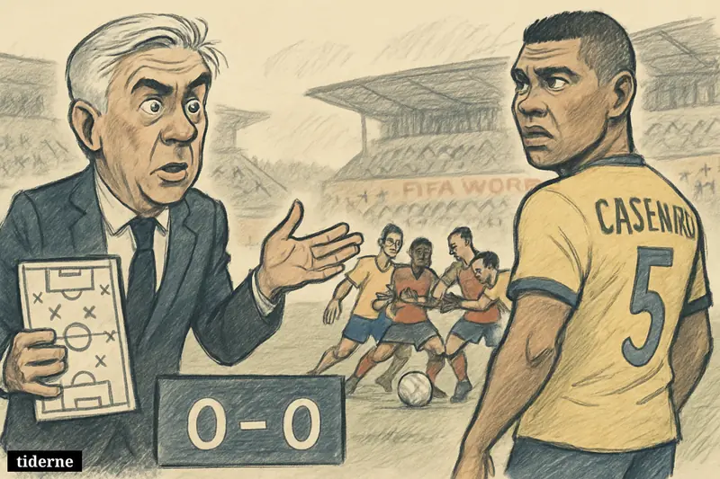 Carlo Ancelotti and Casemiro stand under pressure on a football touchline as Brazil and Morocco battle in a tense, balanced World Cup match.