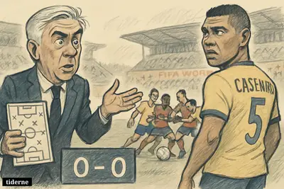 Carlo Ancelotti and Casemiro stand under pressure on a football touchline as Brazil and Morocco battle in a tense, balanced World Cup match.