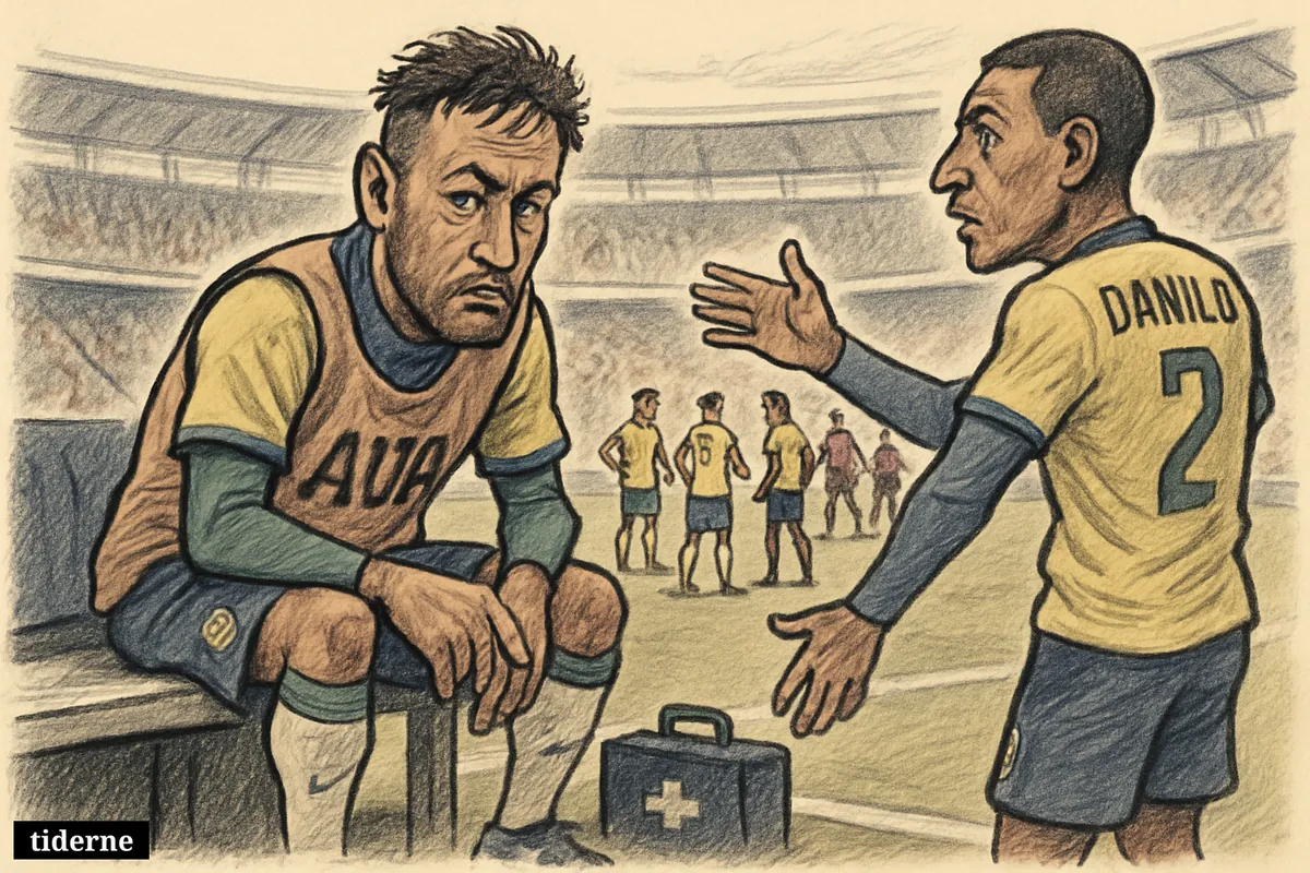 Neymar sits injured on Brazil’s bench while Danilo gestures supportively, with tense players on the pitch during a World Cup match.