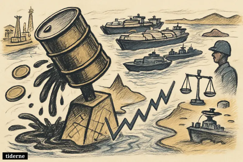 Caricature of oil tankers trapped at Hormuz by a naval blockade, with a giant rising oil barrel and tense market symbols.