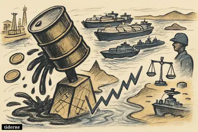 Caricature of oil tankers trapped at Hormuz by a naval blockade, with a giant rising oil barrel and tense market symbols.