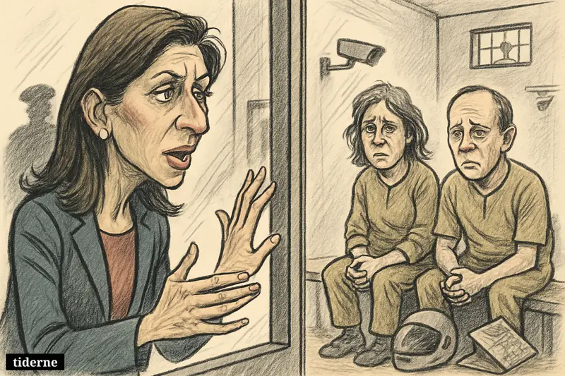 Nazanin Zaghari-Ratcliffe faces a detained British couple through prison glass, with security details and travel items suggesting imprisonment in Iran.