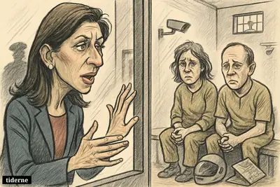 Nazanin Zaghari-Ratcliffe faces a detained British couple through prison glass, with security details and travel items suggesting imprisonment in Iran.