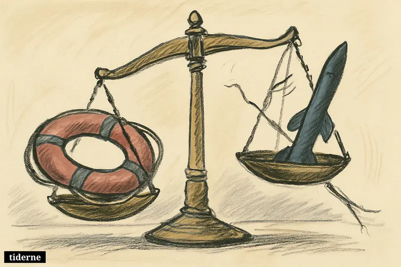 A cracked balance scale tilts on a black background, with a dim lifebuoy rising opposite a glowing missile shape.