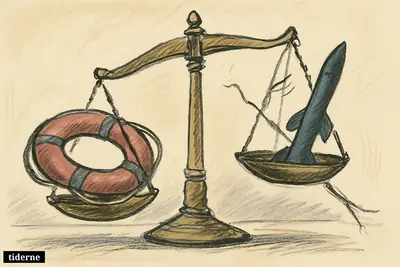 A cracked balance scale tilts on a black background, with a dim lifebuoy rising opposite a glowing missile shape.