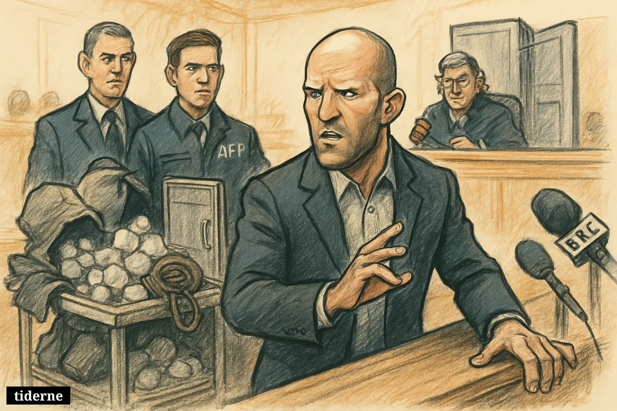 Jason Statham caricature stands tensely in a Sydney courtroom as police display charcoal sacks and drug evidence before a judge.