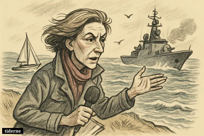 Caricature of journalist Deborah Haynes reporting from the Channel as a Russian frigate fires warning shots near a British yacht offshore.