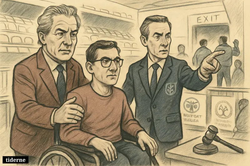 Caricature of two Danish sports leaders defending a wheelchair user in a football stadium as security removes a disruptive spectator.