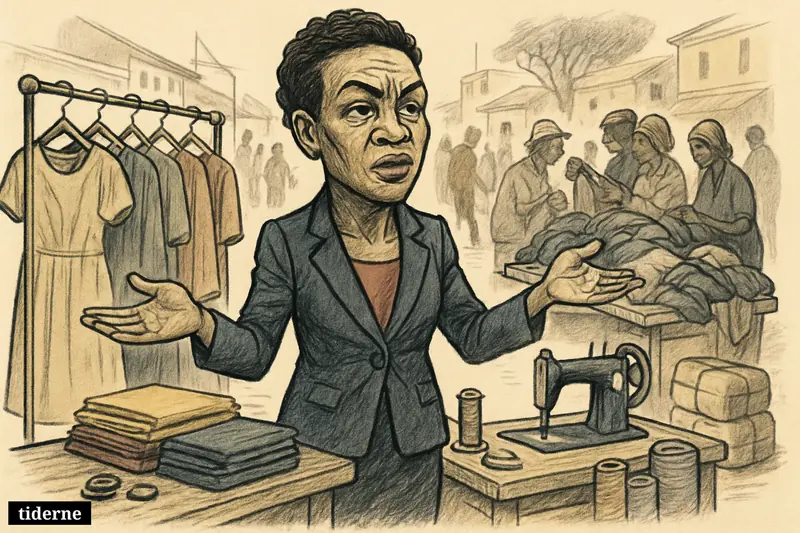 Caricature of Zia Bett Nyamari in an East African market, caught between local fashion production and piles of imported secondhand clothes.