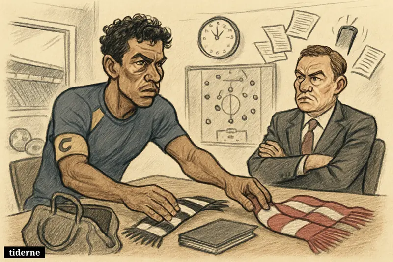 A caricature football transfer meeting shows a midfielder pushing aside a Newcastle scarf while reaching toward an Arsenal scarf across a negotiation table. (AI-genereret illustration)