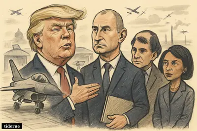 Trump and Radev stand on a Bulgarian airbase runway with military jets, while Kalfin and Rice observe a tense geopolitical moment. (AI-genereret illustration)