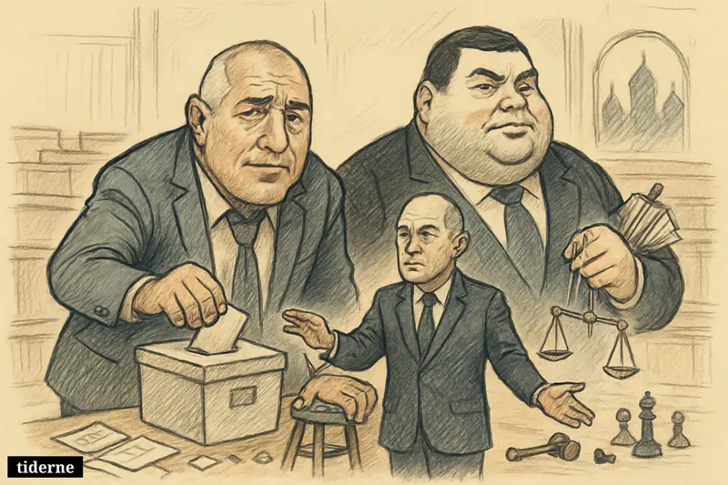 Three Bulgarian political caricatures in parliament amid ballots, scales, chess pieces and subtle Russian shadows, suggesting corruption and a pivotal election.