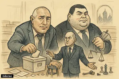 Three Bulgarian political caricatures in parliament amid ballots, scales, chess pieces and subtle Russian shadows, suggesting corruption and a pivotal election.