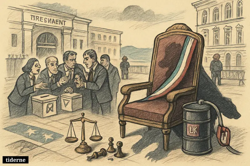 An empty Bulgarian presidential chair faces a Russian shadow, with oil props, nervous voters, and EU symbols suggesting election tension and energy pressure.