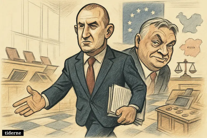 Caricature of Rumen Radev striding through parliament while Viktor Orbán looms behind, with EU and political symbolism around them.