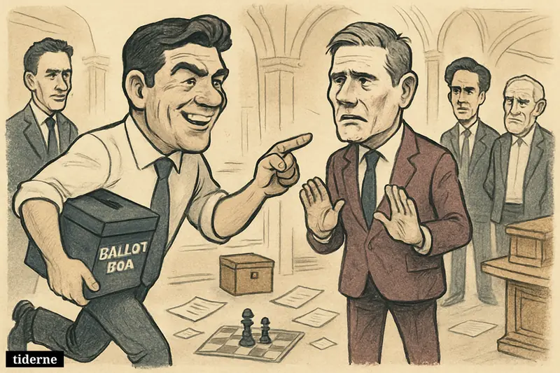 Andy Burnham strides toward a tense Keir Starmer in Westminster, as Labour figures watch a looming leadership struggle unfold.