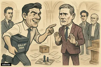 Andy Burnham strides toward a tense Keir Starmer in Westminster, as Labour figures watch a looming leadership struggle unfold.