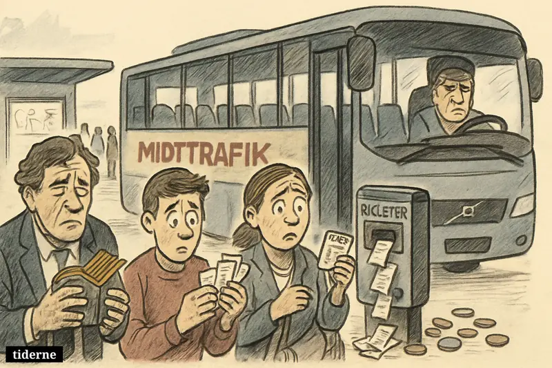 Frustrated commuters stand outside a regional bus as an oversized ticket machine spews fares, suggesting sharply rising Midtjylland bus prices.