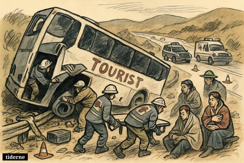 An overturned tourist bus on a highway in Mexico as rescue workers help injured passengers and emergency vehicles block the road.