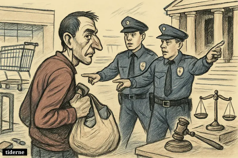 A caricature shoplifting suspect is escorted by police between a hypermarket entrance and courthouse, with justice symbols and an implied expulsion route.