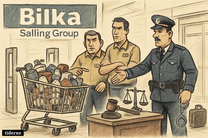 Security guards and a police officer surround an overflowing cart in a hypermarket, with court and prison symbols nearby.