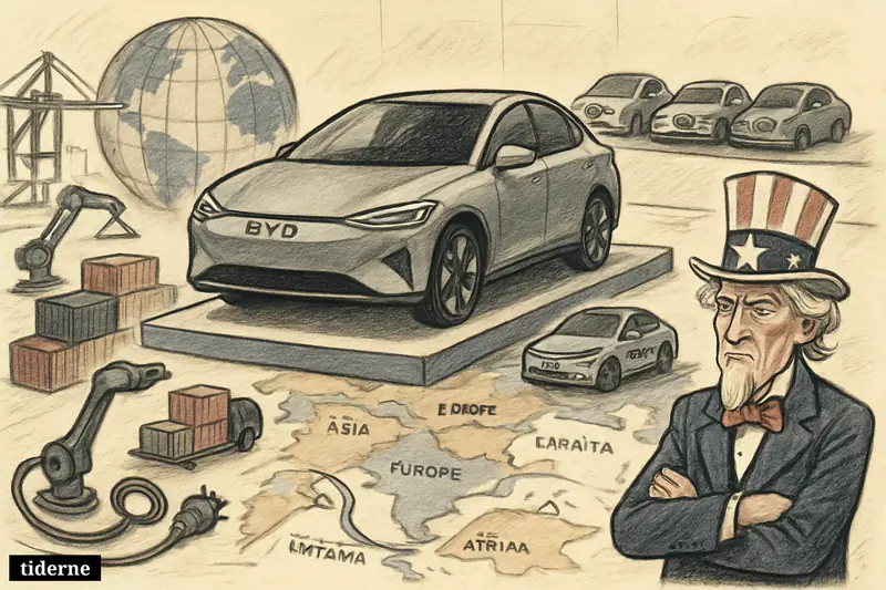 A dominant BYD electric car expands across a world map showroom while a sidelined Uncle Sam watches and rival car brands linger nearby.