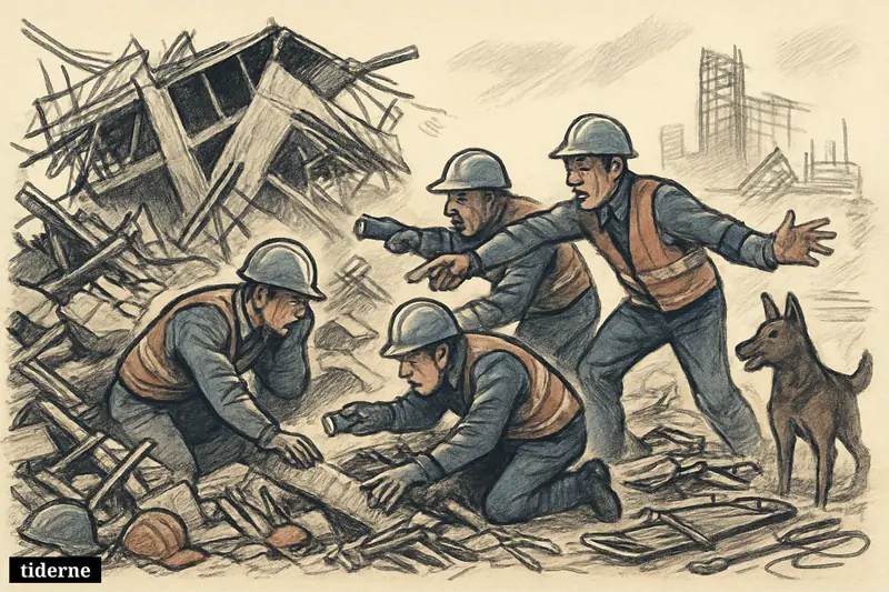 Rescue workers and a dog search through the rubble of a collapsed unfinished building near Manila, with twisted scaffolding and broken concrete everywhere.