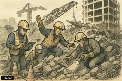 Rescue workers search through collapsed building rubble with tools, a stretcher, and a search dog at a construction disaster site.