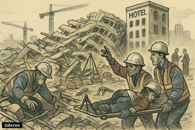 Rescue workers search a collapsed building near Manila, carrying a survivor past rubble, rebar, rescue gear, and investigators at the scene.