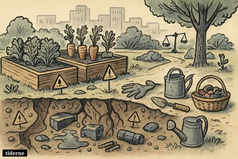Urban garden beds and park soil shown as contaminated, with vegetables, foraged foods, buried waste, and subtle hazard symbols near city greenery.