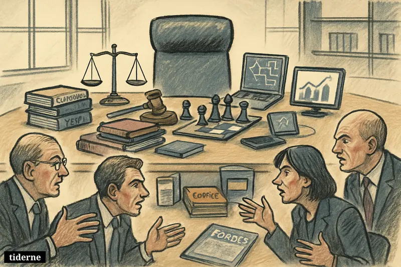 Corporate caricature boardroom with an empty executive chair surrounded by legal, AI, and risk props as suited leaders debate its new importance.
