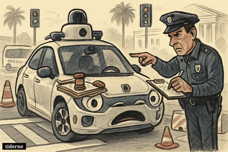 A caricature robotaxi is pulled over at a California intersection while a police officer writes a citation for a traffic violation.