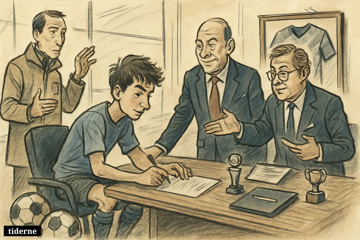 A young football talent signs a contract in a club office while his agent, executives, and a rival scout watch tensely. (AI-genereret illustration)