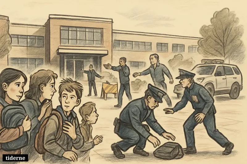 Students gathered outside a campus while police secure the entrance and inspect a suspicious bag during an evacuation.
