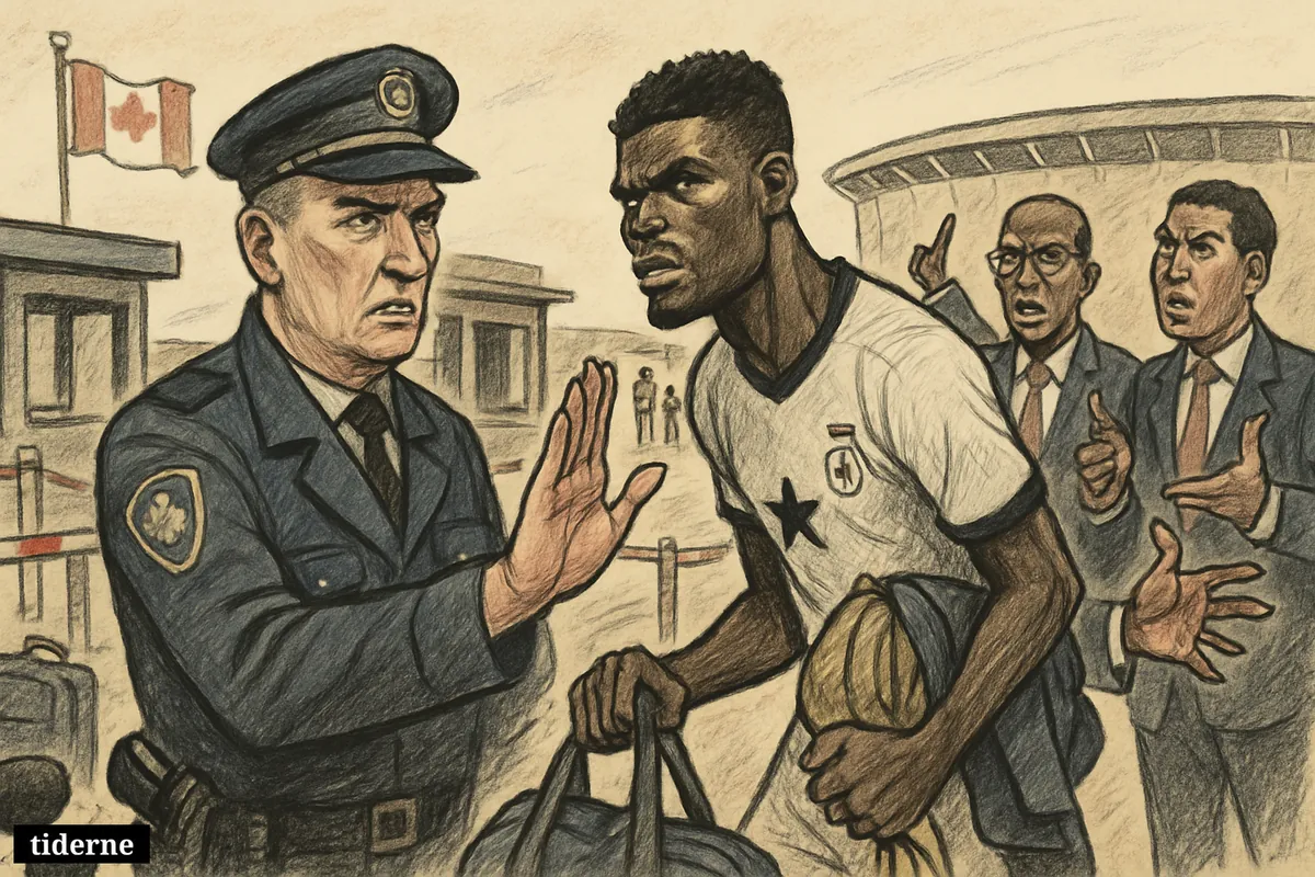 A footballer resembling Thomas Partey is stopped at a border checkpoint as Ghanaian officials protest outside a stadium.