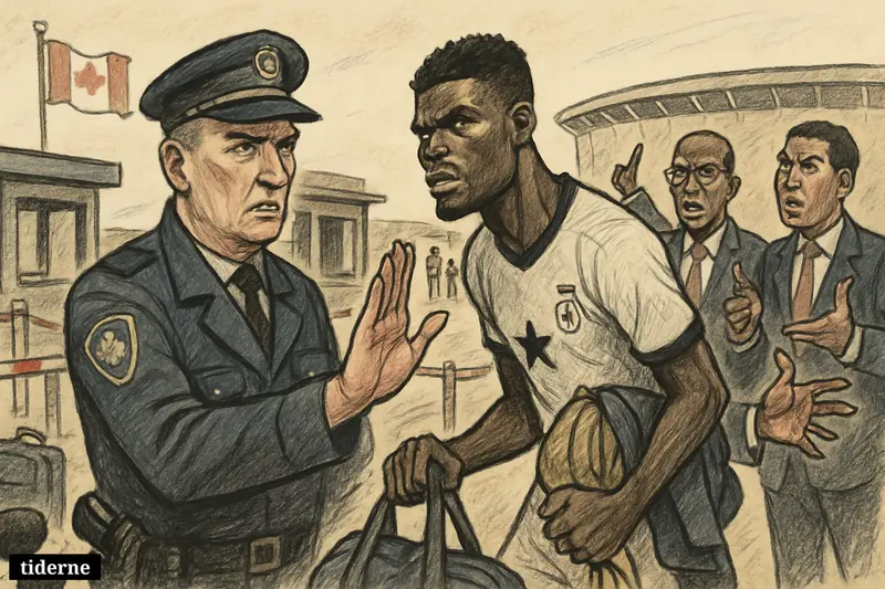 A footballer resembling Thomas Partey is stopped at a border checkpoint as Ghanaian officials protest outside a stadium.
