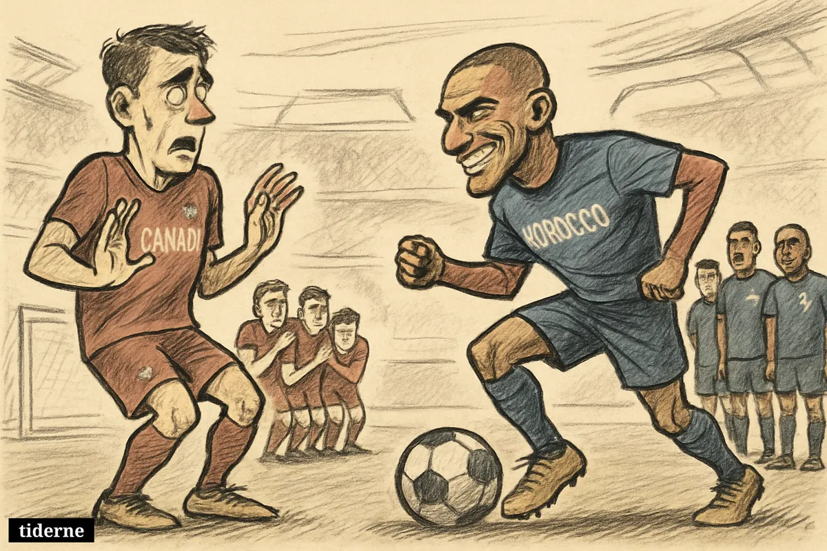 A worried Canadian footballer faces a confident Moroccan opponent on a stadium pitch before a tense knockout match.