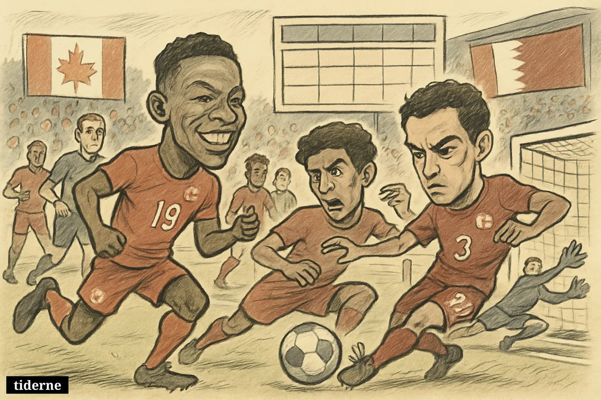 Caricature football scene with two Canadian stars attacking against Qatar defenders in a tense World Cup match inside a packed stadium.