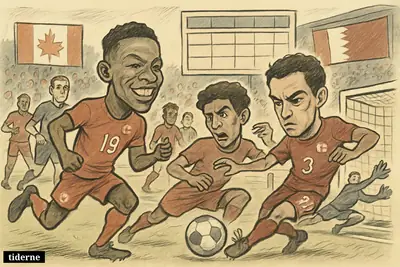 Caricature football scene with two Canadian stars attacking against Qatar defenders in a tense World Cup match inside a packed stadium.