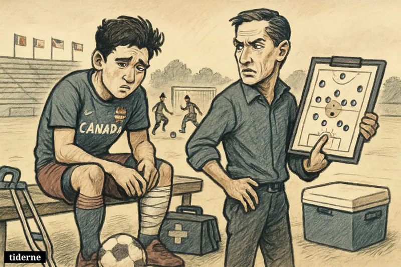A sad injured Canadian soccer player sits with a bandaged knee while a worried coach reshuffles tactics at training.