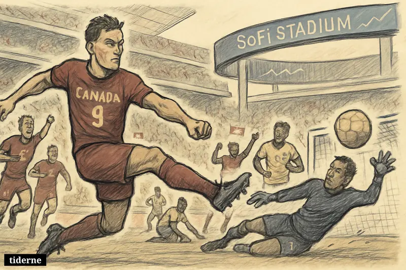 A caricature football scene shows Canada celebrating a late volley goal as South African players and goalkeeper react in disbelief inside a Los Angeles stadium.