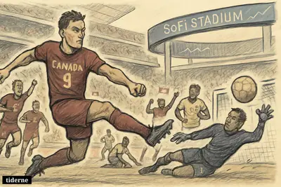 A caricature football scene shows Canada celebrating a late volley goal as South African players and goalkeeper react in disbelief inside a Los Angeles stadium.