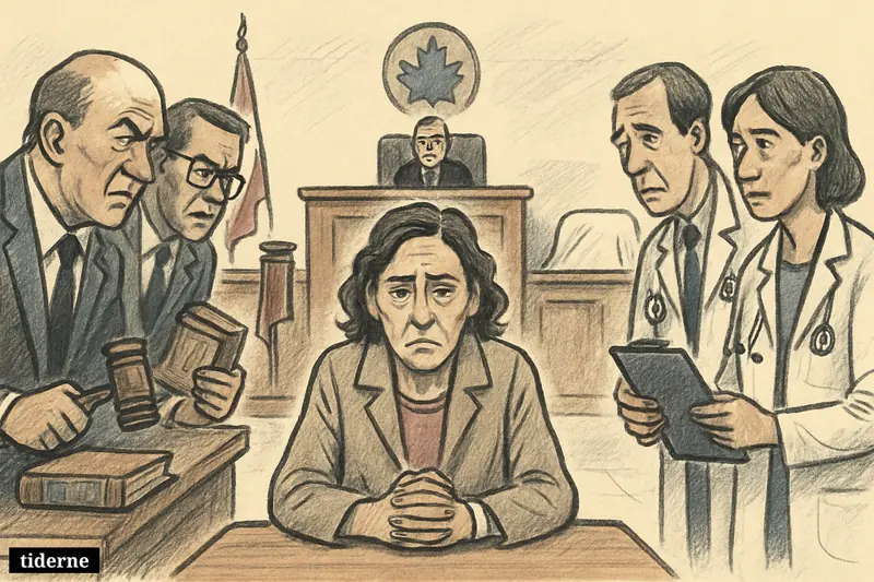 A worried woman sits in a courtroom-hearing room hybrid as judges, lawmakers, doctors, and psychiatrists divide around her.